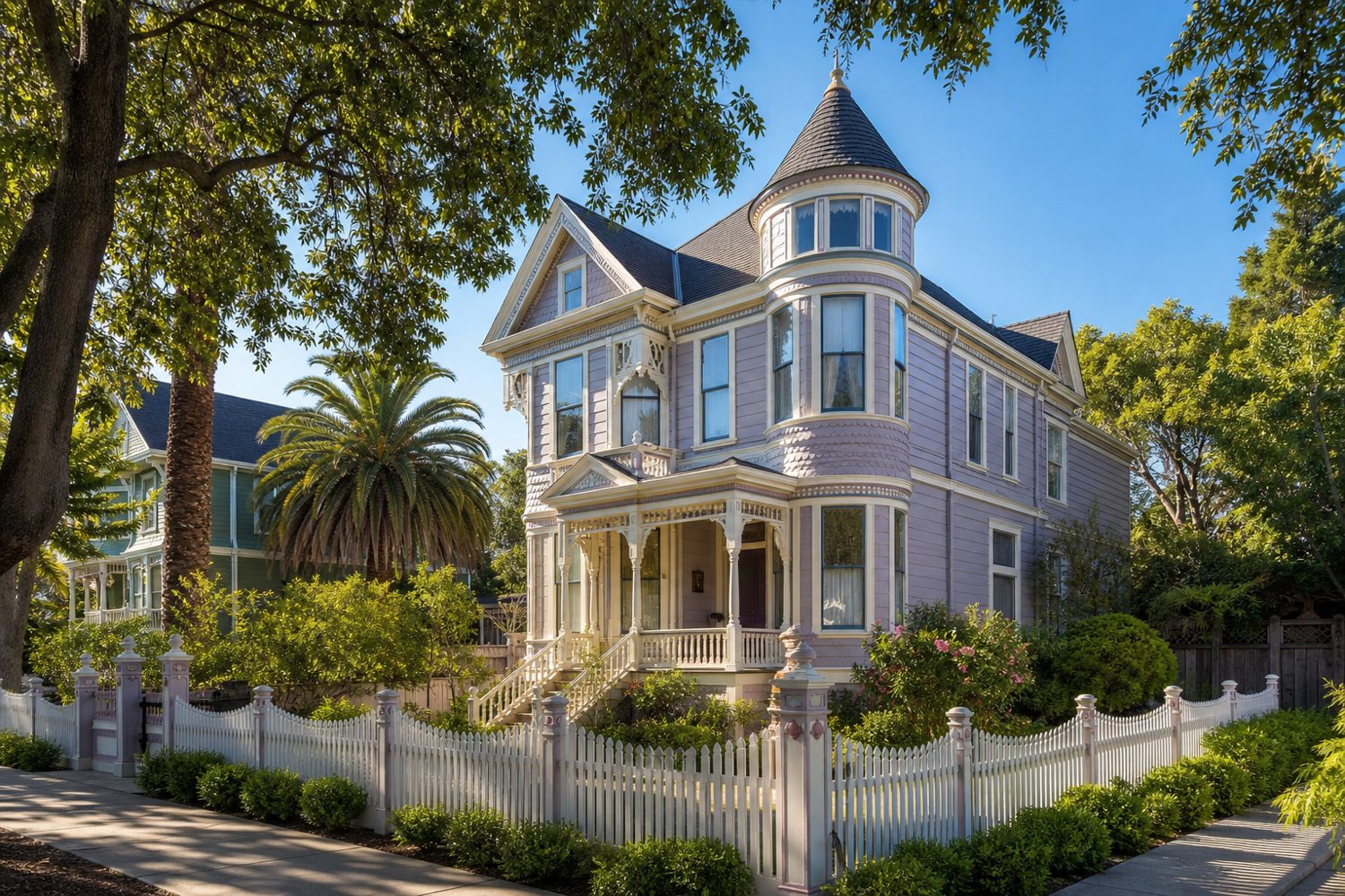 Preserved Victorian home on a tree lined street in Alameda
